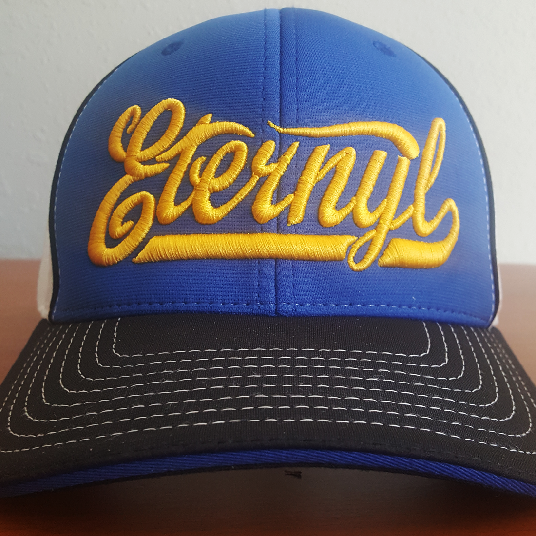 Scripty Brew Puff Fitted Blue Trucker Cap - Eternyl - Brand - Apparel